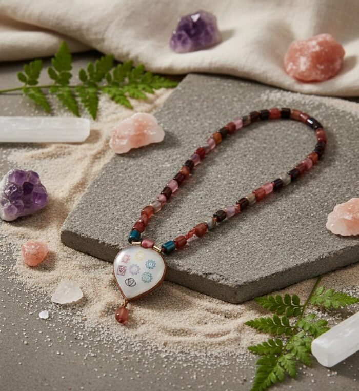 Rainbow Selenite Heart in Multicolored Hakik Mala – Premium & Energised