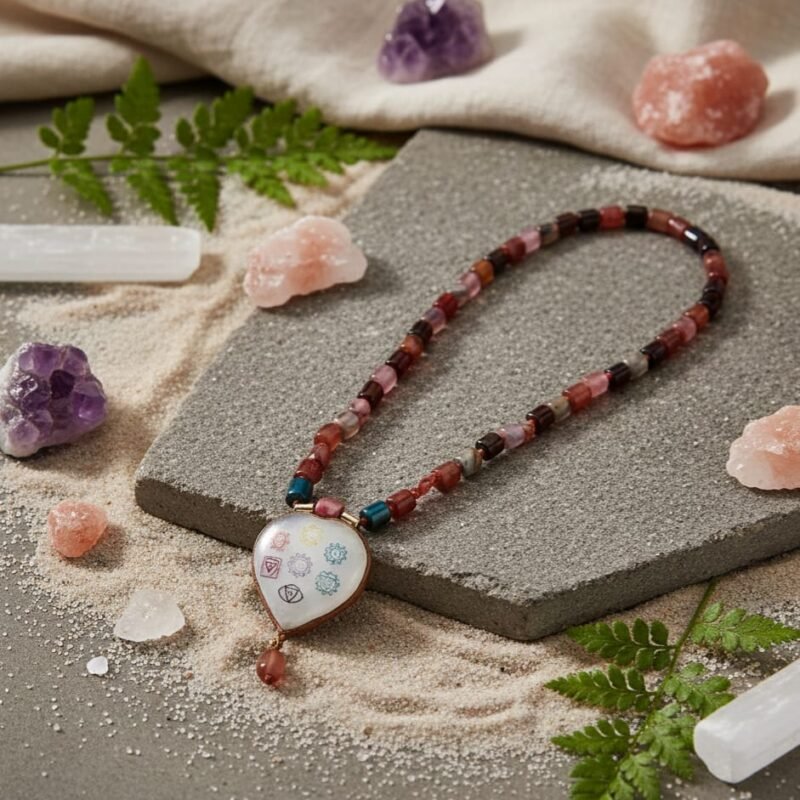 Rainbow Selenite Heart in Multicolored Hakik Mala – Premium & Energised