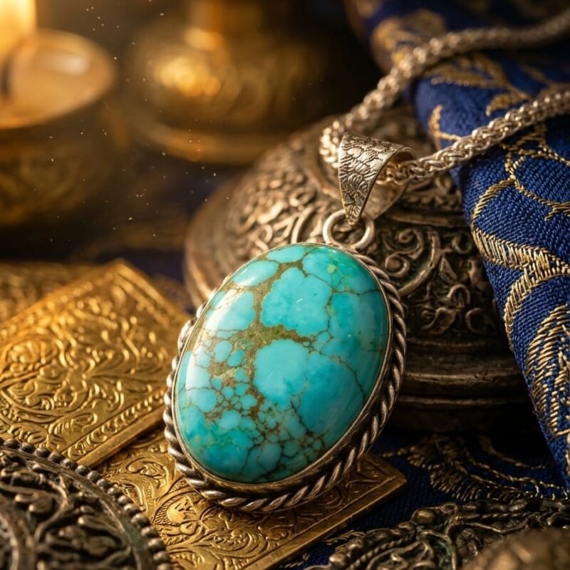 Persian Turquoise Silver Pendant in Silver Chain – Premium & Energised