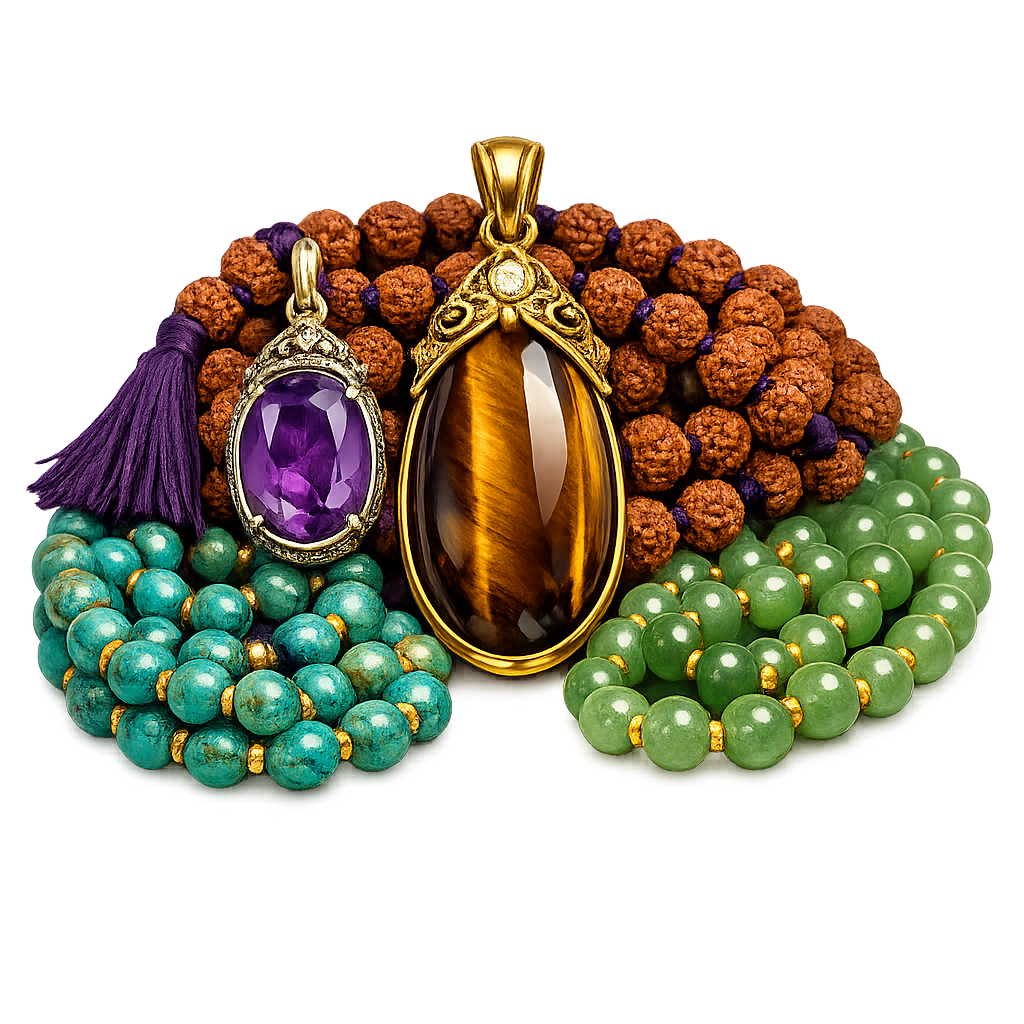Sacred mala beads, pendants and crystals