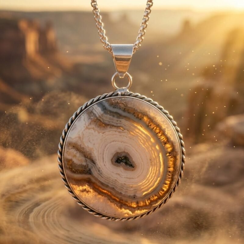 Heaven's Eye Lace Agate Silver Pendant Chain